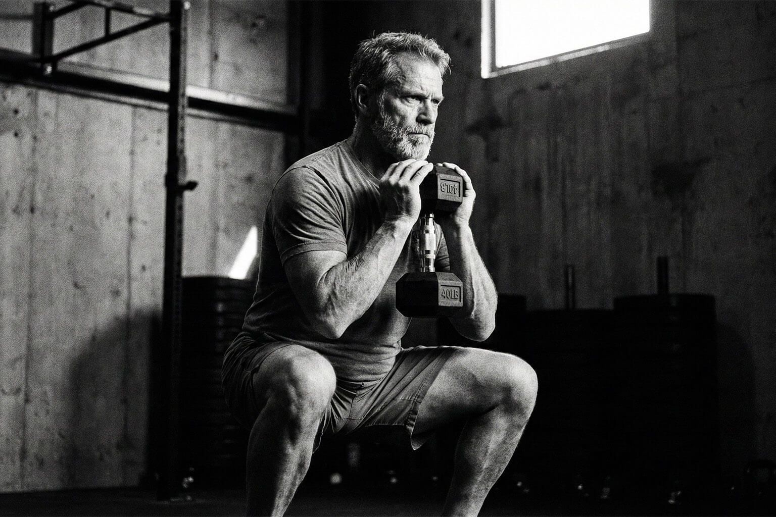 Man performing a dumbbell squat in a gym. Black and white photo.