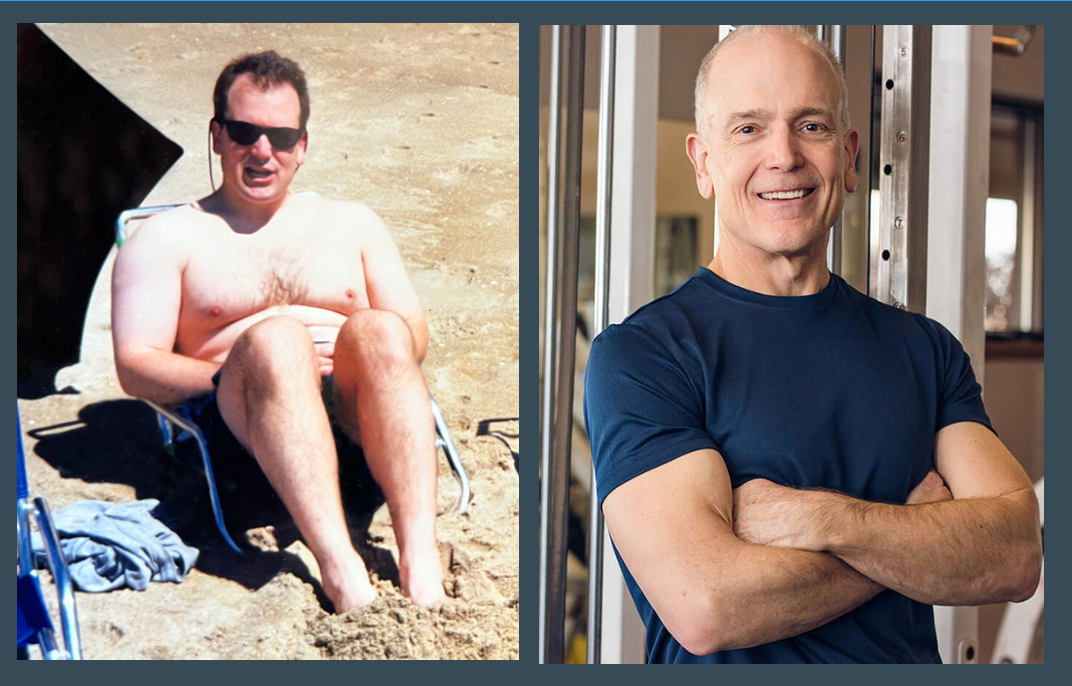 Before and after photos: man seated on beach, shirtless, overweight, then in gym, fit, arms crossed.