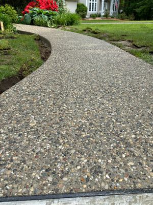 A concrete walkway leading to a house with flowers in the background.