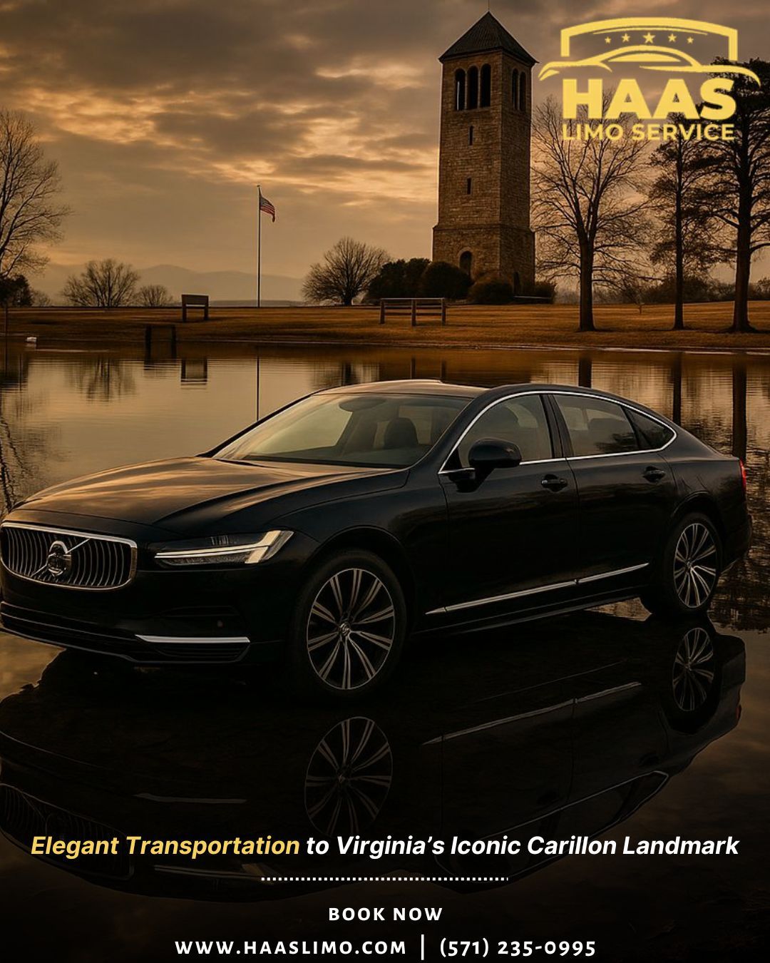 Black limo parked at Carillon Landmark, Virginia, with Haas Limo Service logo and text.
