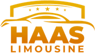 Yellow logo of a limousine service "HAAS LIMOUSINE" with a car silhouette and stars on a roof.