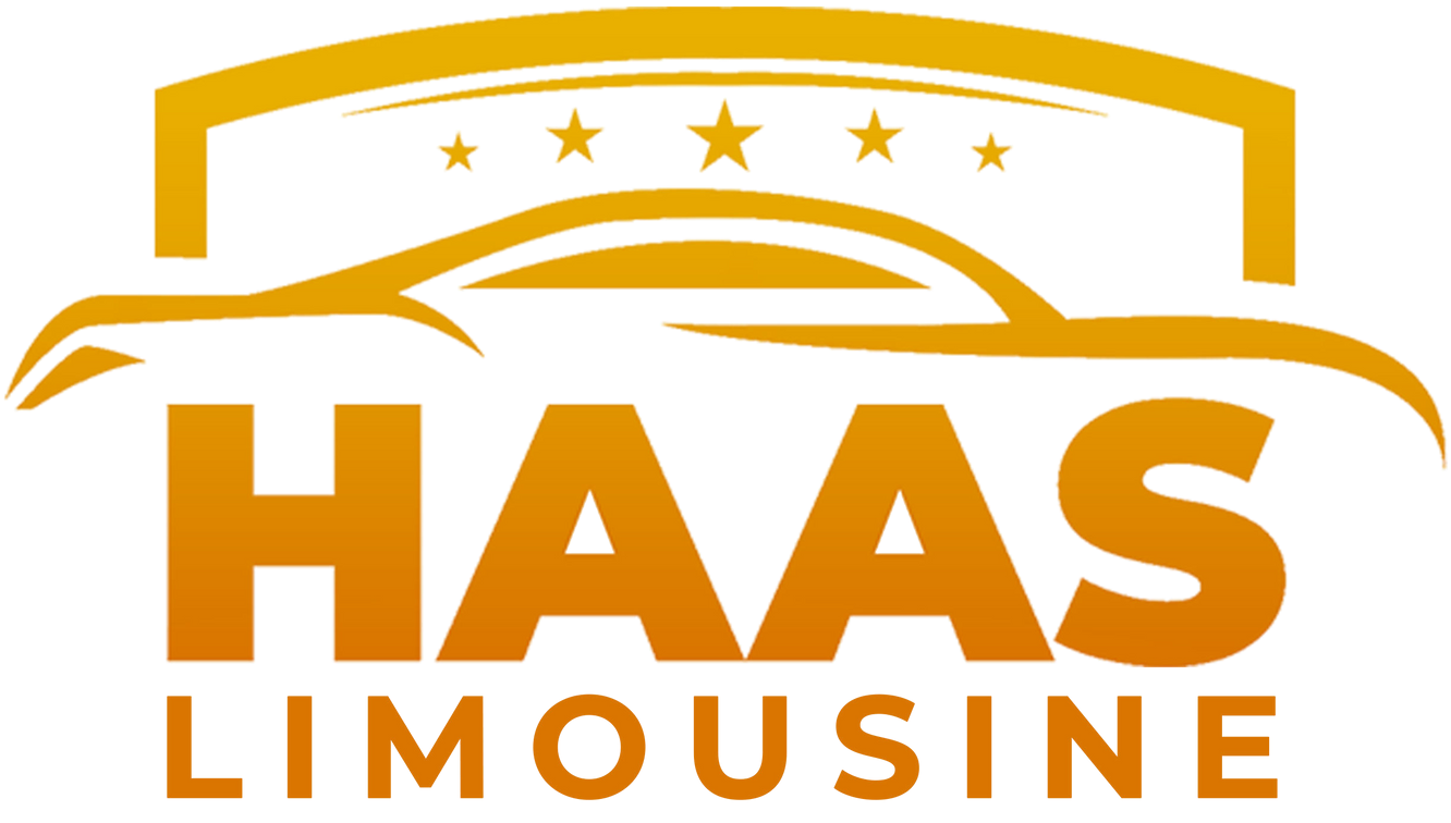 Yellow logo of a limousine service "HAAS LIMOUSINE" with a car silhouette and stars on a roof.