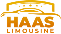 Yellow logo of a limousine service "HAAS LIMOUSINE" with a car silhouette and stars on a roof.