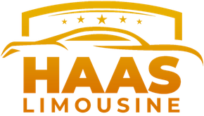 Yellow logo of a limousine service "HAAS LIMOUSINE" with a car silhouette and stars on a roof.