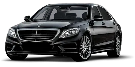 Black Mercedes-Benz sedan parked on a white background.