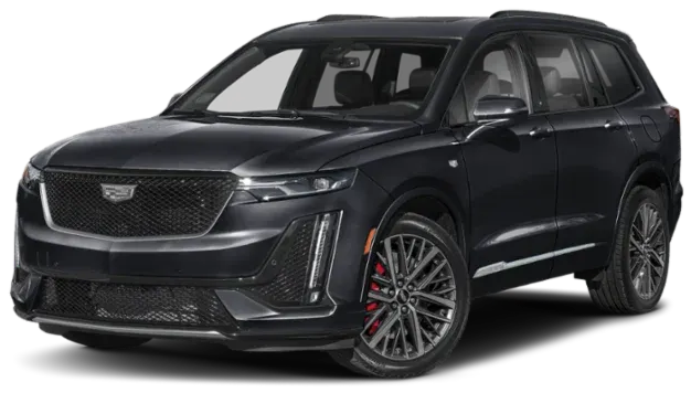 Black Cadillac XT6 SUV. Front view, red brake calipers, sporty grille, on a sunny day.