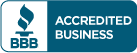 A blue and white sign that says accredited business with a flame on it.