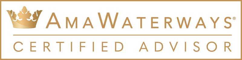 Logo for AmaWaterways Certified Advisor. Gold crown, text: 