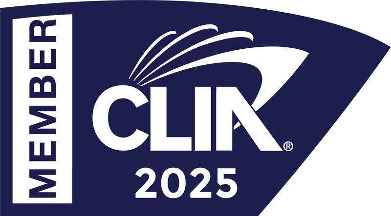 CLIN 2025 Member logo. Dark blue background with white text, abstract white design, and 