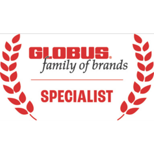 Globus Family of Brands Specialist logo with red text and laurel wreath.