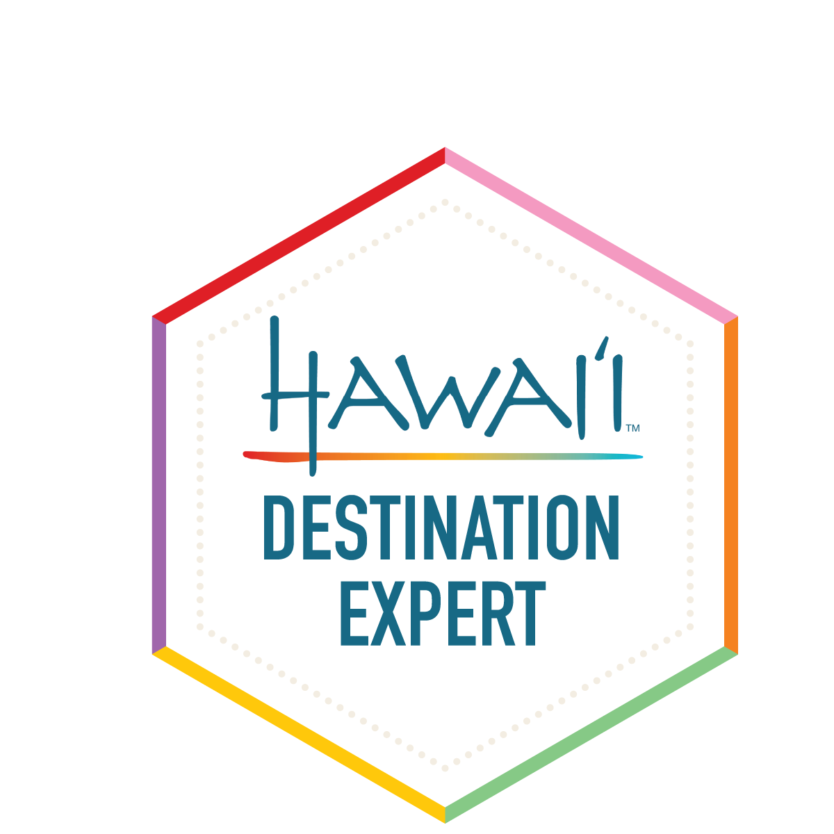 Hawaii Destination Expert logo: a colorful hexagon frame with text 