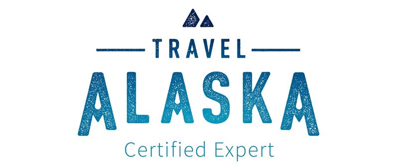 Travel Alaska logo with mountain graphic and text.