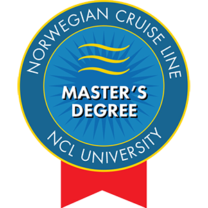 Norwegian Cruise Line Master's Degree badge: blue and gold, with red ribbon.