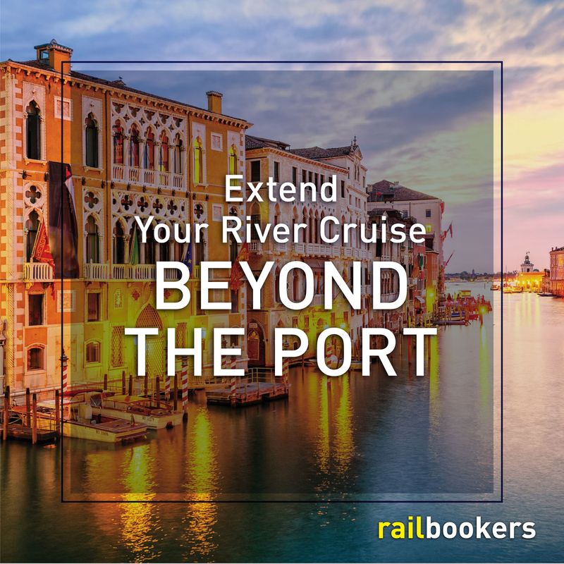 Venice buildings, river cruise ad. Text: 