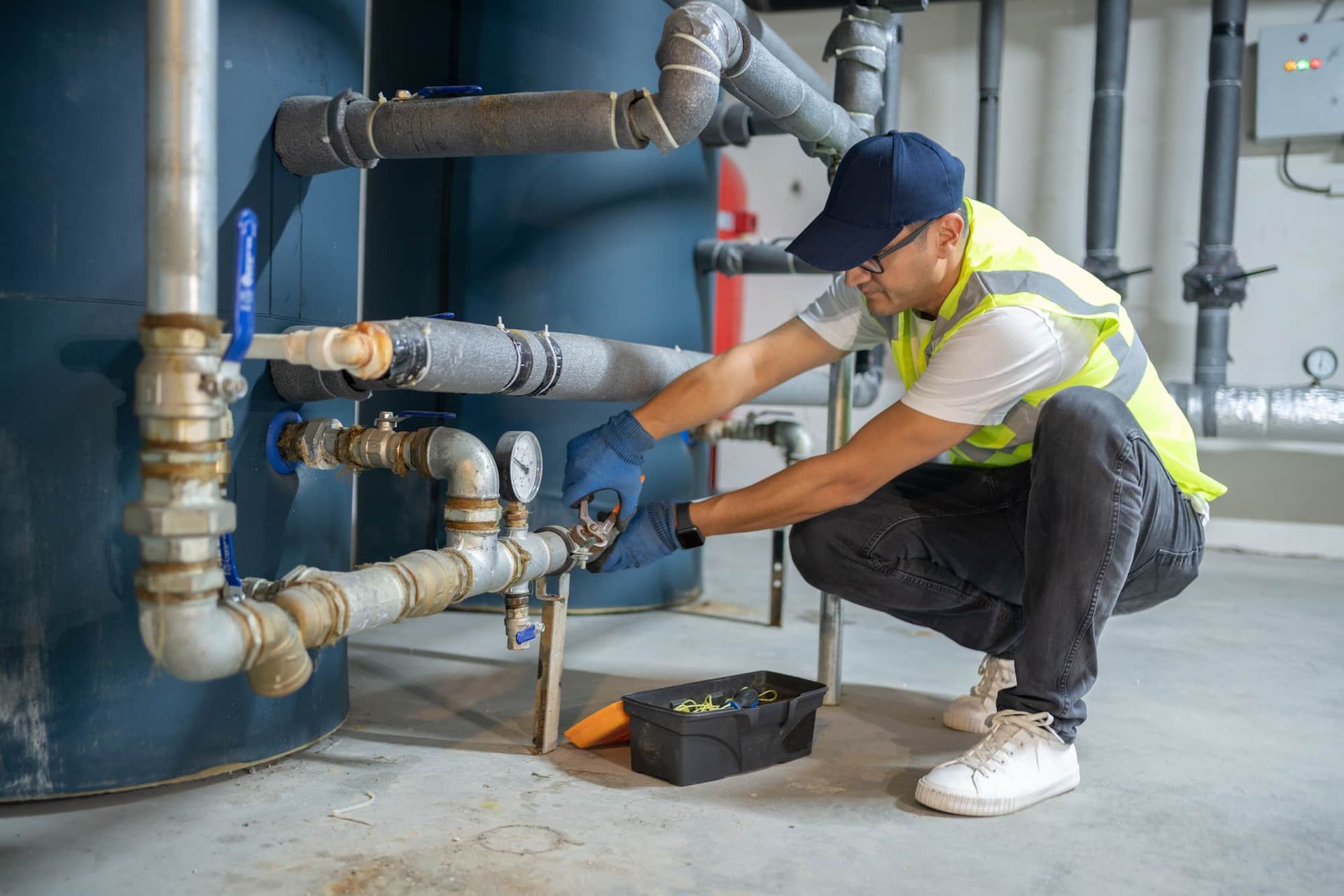 Plumber in a yellow vest works on pipes near a large tank; squatting, using a wrench.
