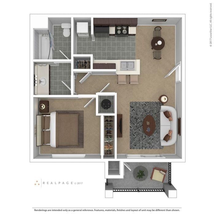 Floor plan of a one-bedroom apartment with a kitchen, dining area, living room, and balcony.