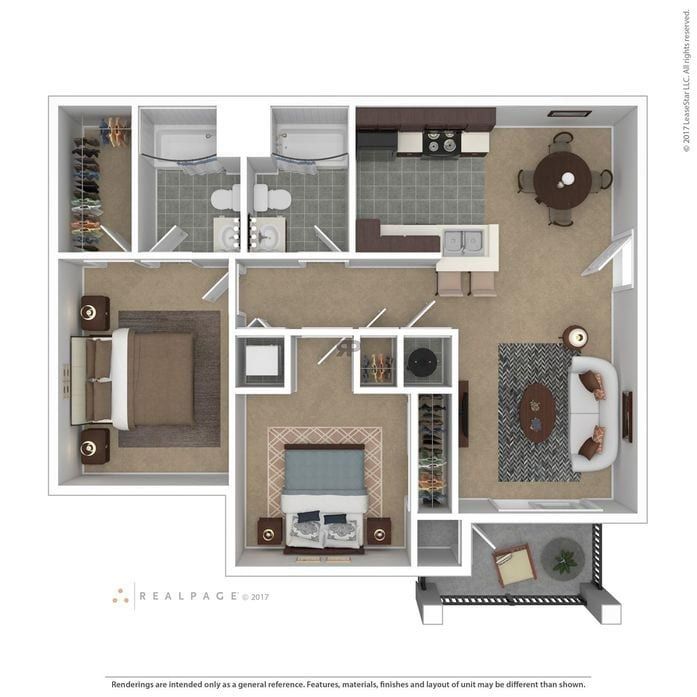 Floor plan of a two-bedroom apartment. Includes bedrooms, bathrooms, kitchen, dining area, living room, and balcony.