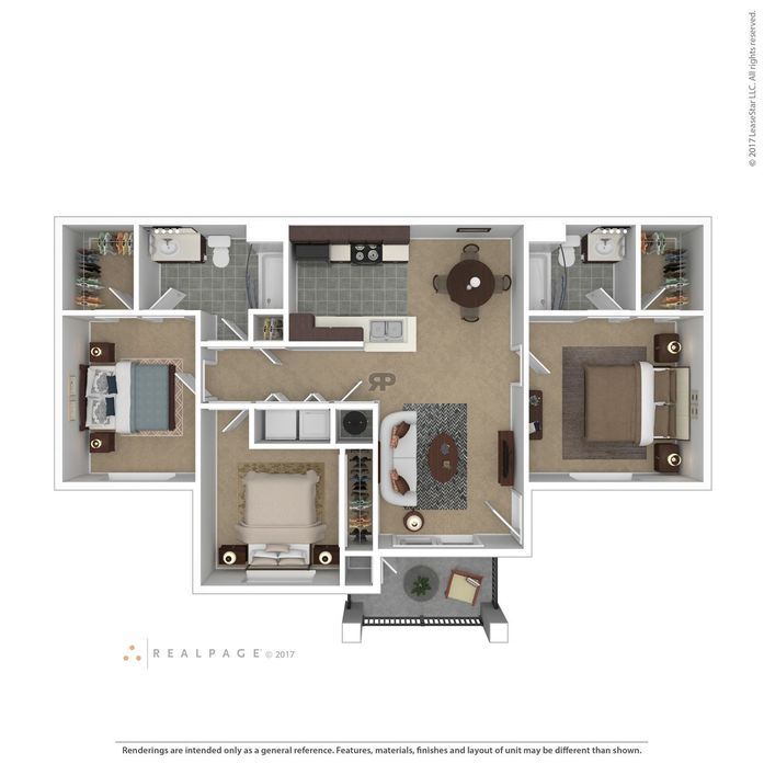Floor plan of a three-bedroom apartment, with bedrooms on each side and a central living area, kitchen, and balcony.