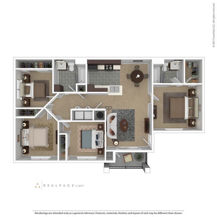 Floor plan with three bedrooms, a kitchen, living area, and balcony.
