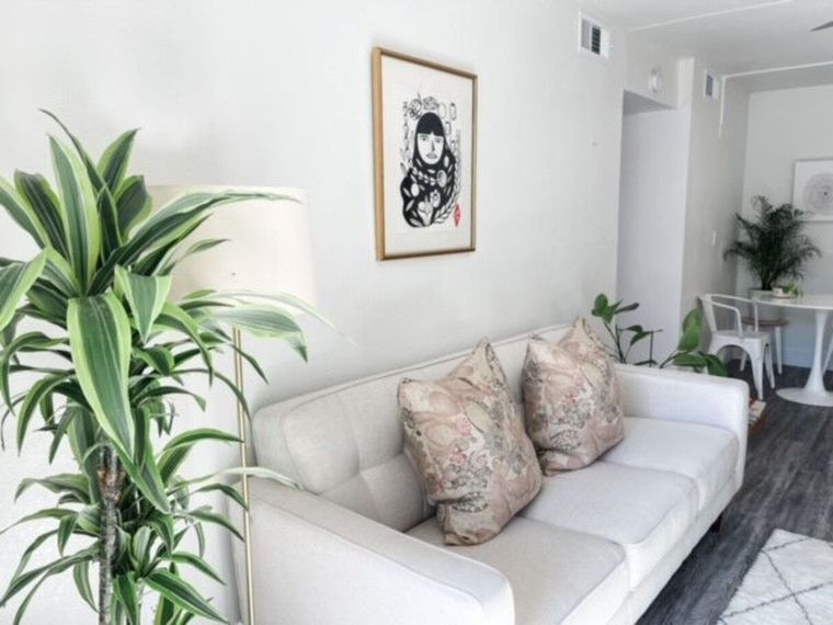 Bright living room with white couch, plants, and artwork on the wall.