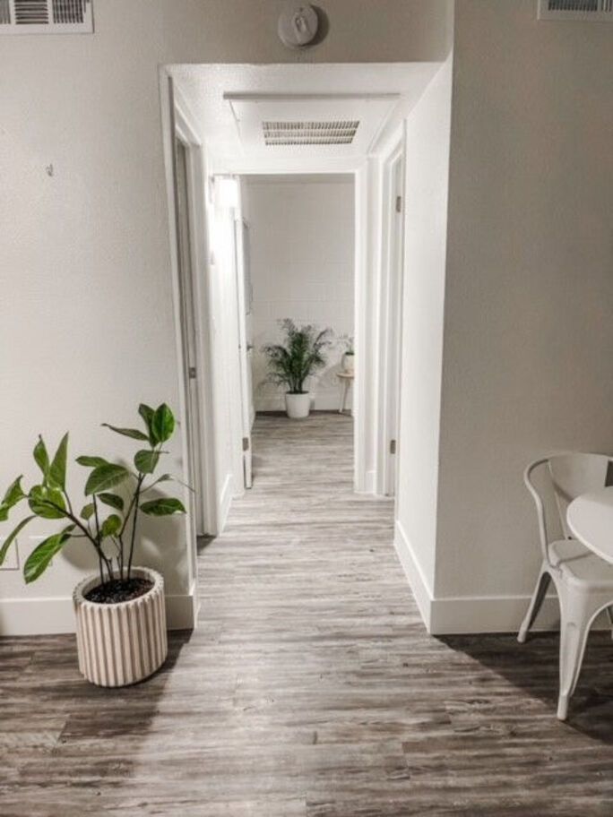 A narrow hallway with wood-look flooring and white walls, leading to an interior room with a plant.