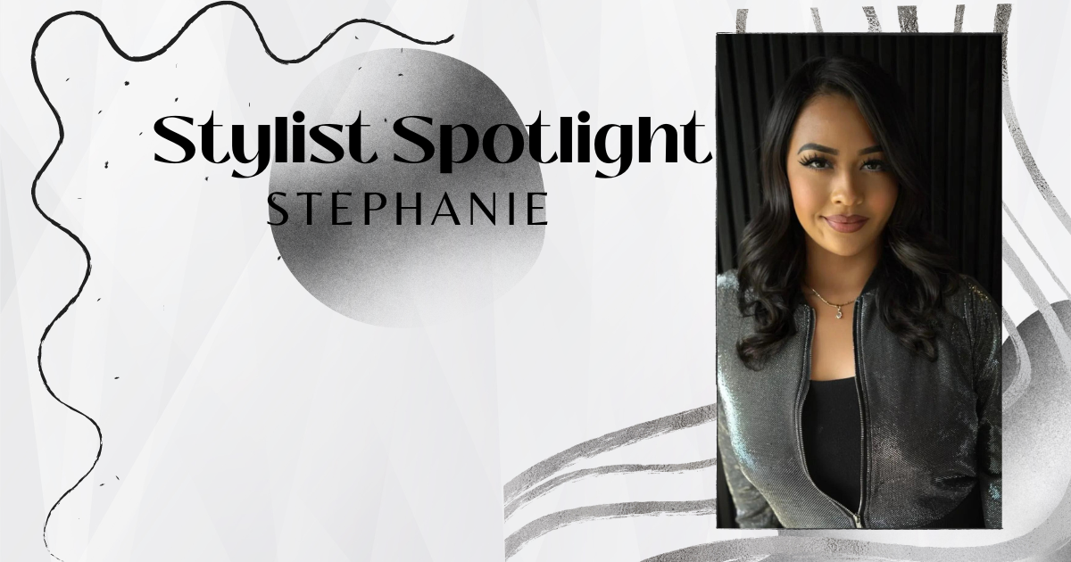 a woman is standing in front of a sign that says stylist spotlight stephanie