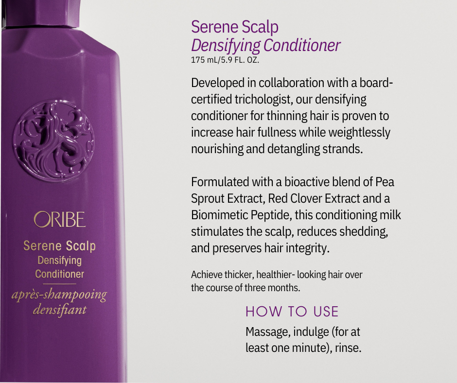 A purple bottle of serene scalp densifying conditioner