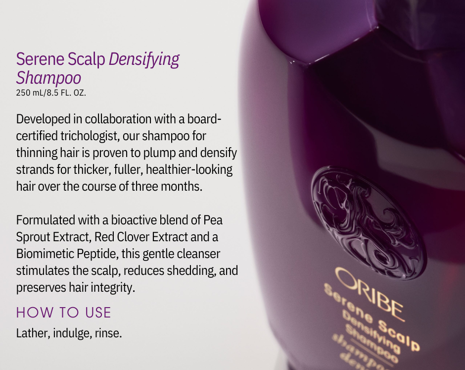 A purple bottle of serene scalp densifying shampoo