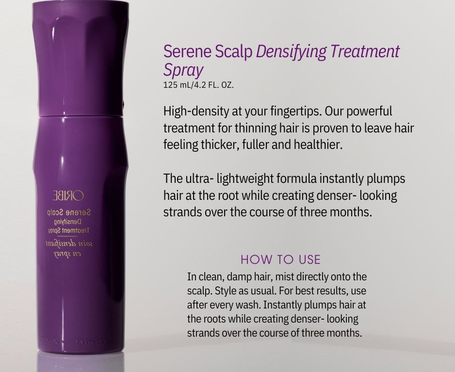 A purple bottle of serene scalp densifying treatment spray