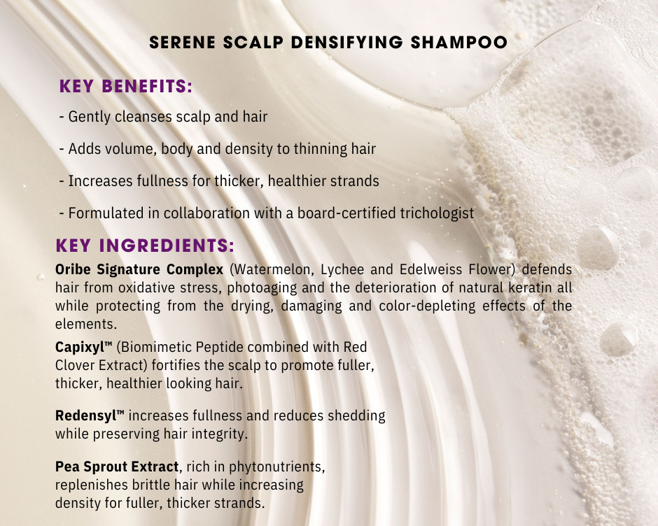 A white bottle of serene scalp densifying shampoo