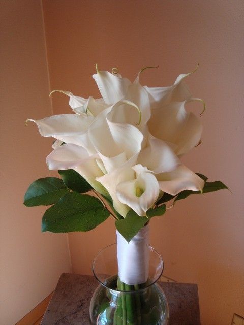 A vase filled with white flowers and green leaves