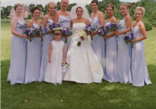 A bride and her bridesmaids are posing for a picture