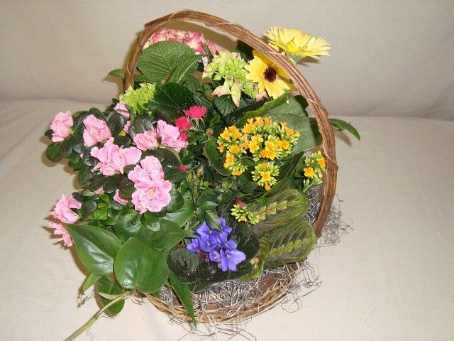 A basket filled with flowers is sitting on a table.