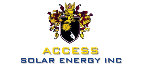 The logo for access solar energy inc shows a sun and solar panels.