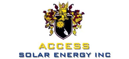 A logo for access solar energy inc with a sun and solar panels