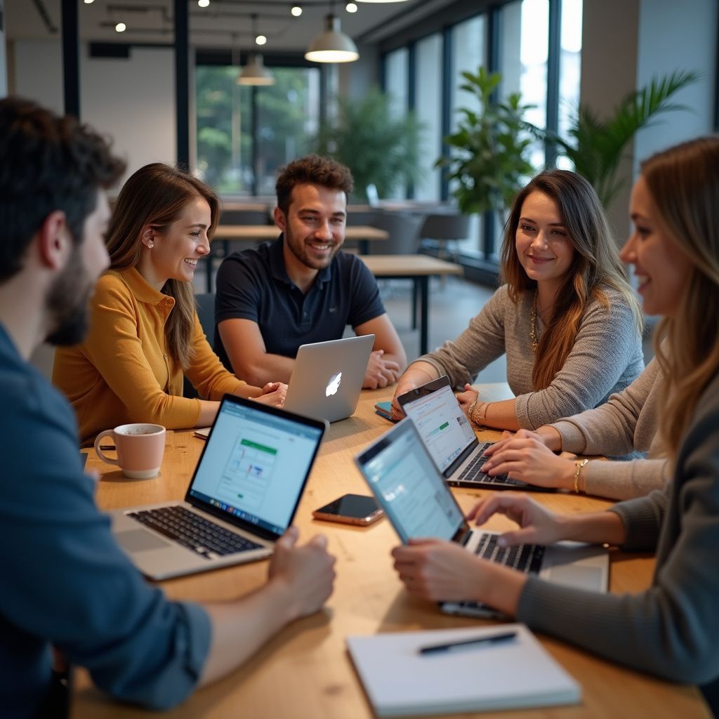 group of people meeting and smiling