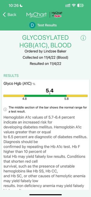 A screenshot of a glucosylated hemoglobin test on a cell phone.