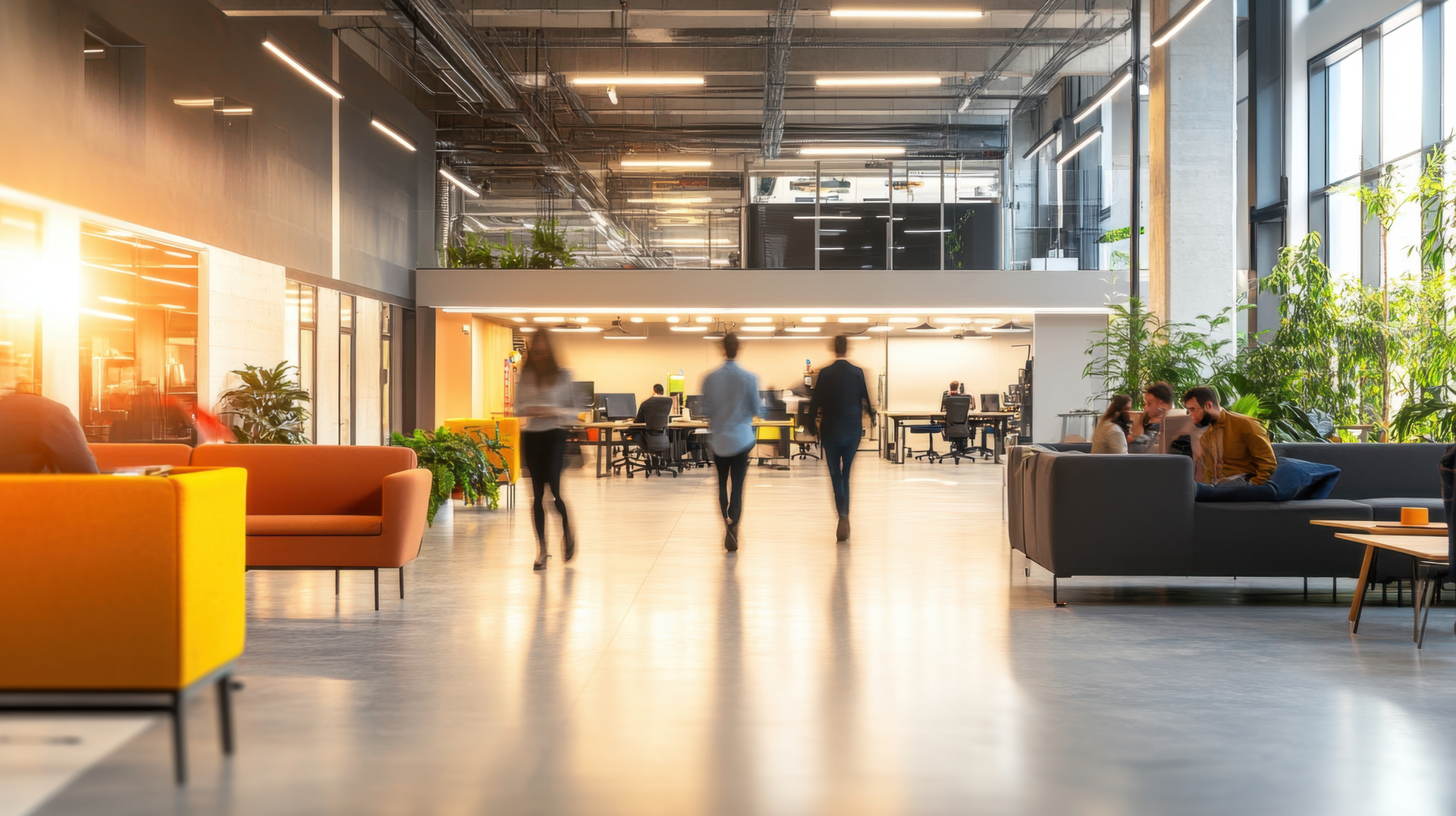 Open-plan office with people walking and working, orange and gray sofas, bright lighting.