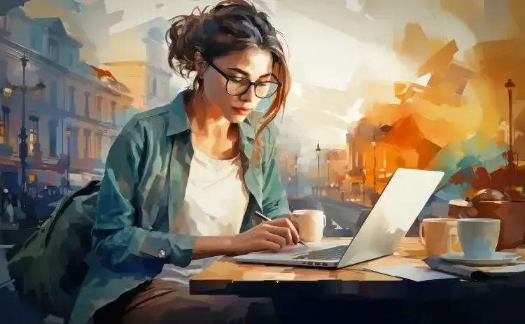 A woman is sitting at a table using a laptop computer.