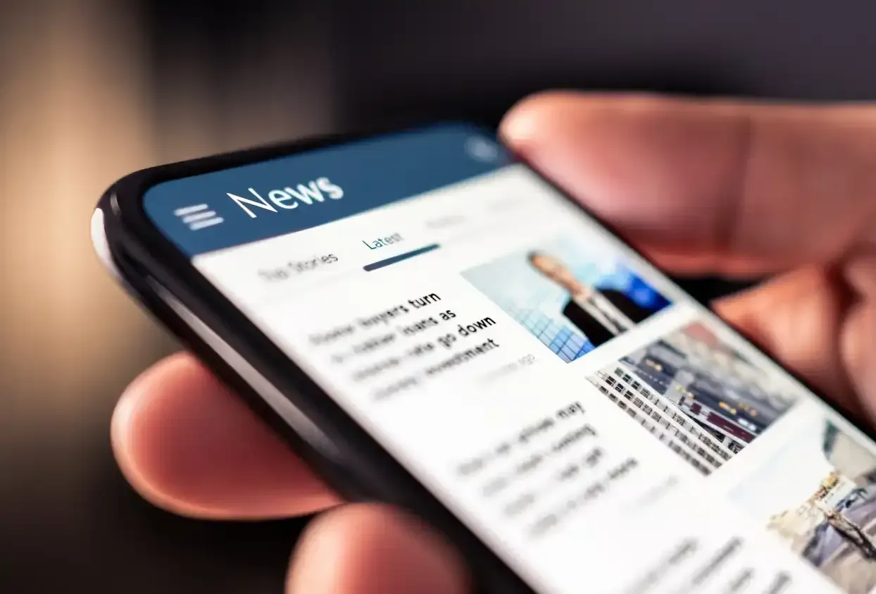 A person is holding a cell phone with the news app open.