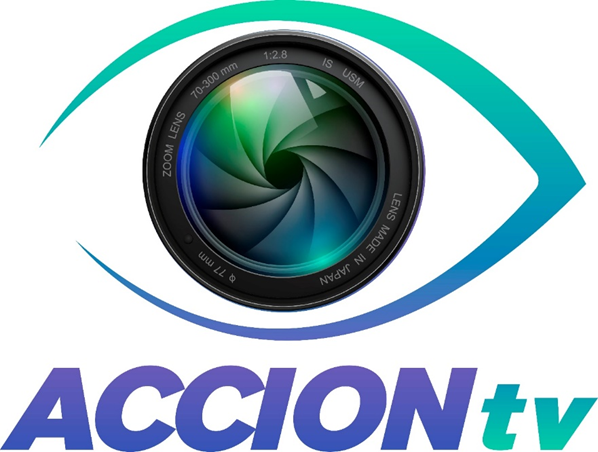 Un logotipo para Acción TV con un ojo y una lente de cámara.