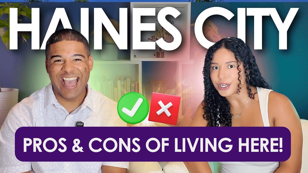 Two people discuss the pros and cons of living in Haines City. Graphic with checkmark and X.