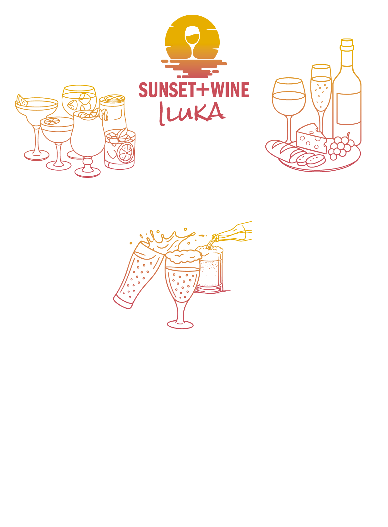 Logo with drinks illustrations: cocktails, wine glasses with food, and beers.