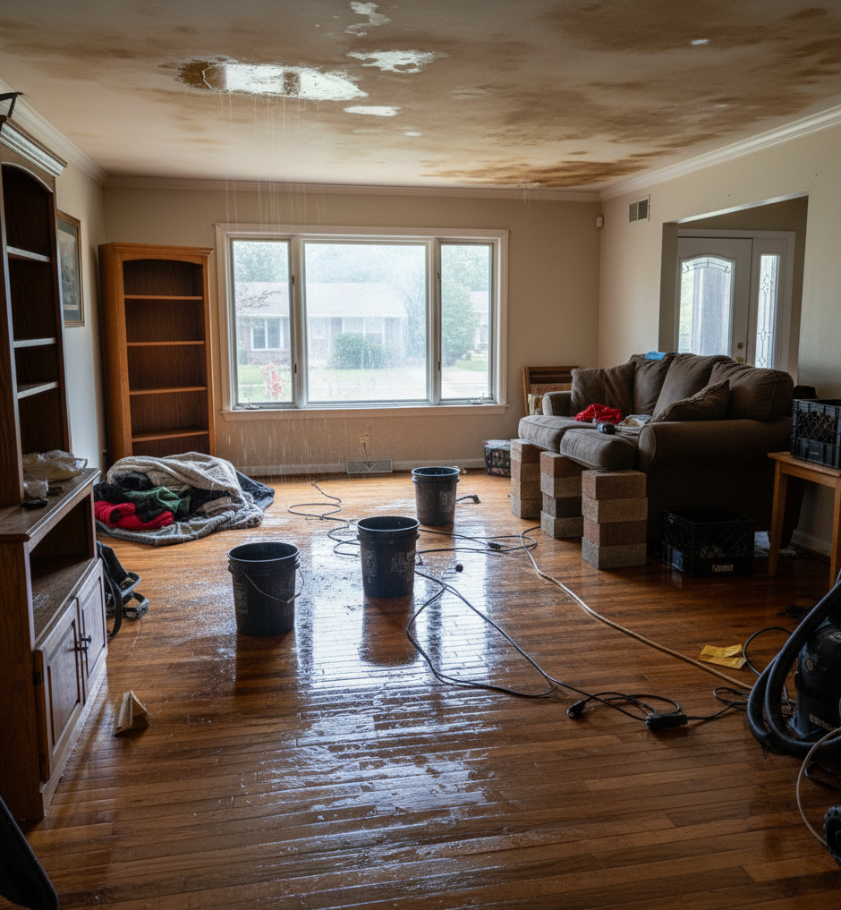 Living room flooded with water. Buckets collect drips from damaged ceiling. Brown furniture, wet hardwood floor.