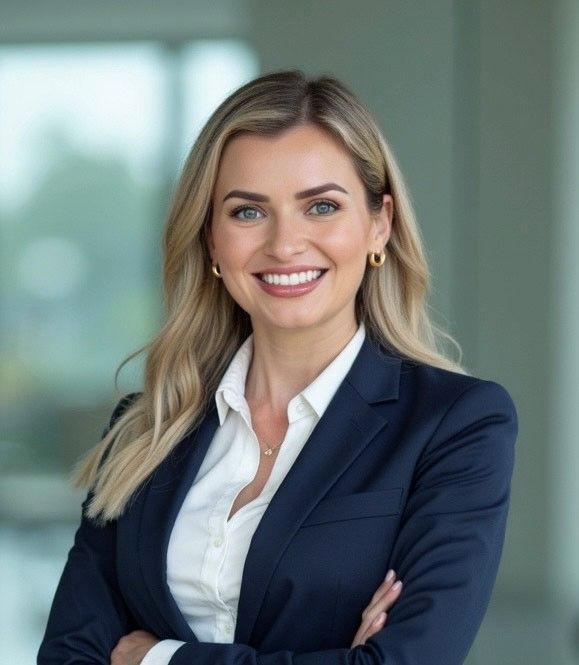 A professional headshot of a smiling woman with blonde hair, wearing a navy blue blazer and white shirt.