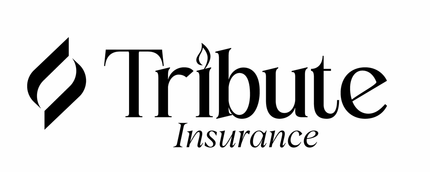 A black and white logo for Tribute Insurance featuring a stylized flame icon next to the company name.
