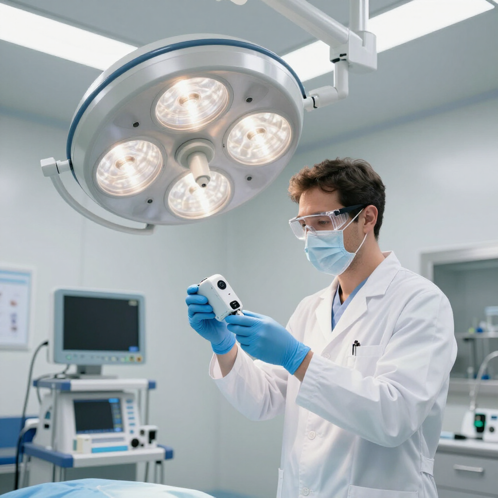 A healthcare professional in a white coat, mask, and blue gloves examines a small medical device in an operating room.