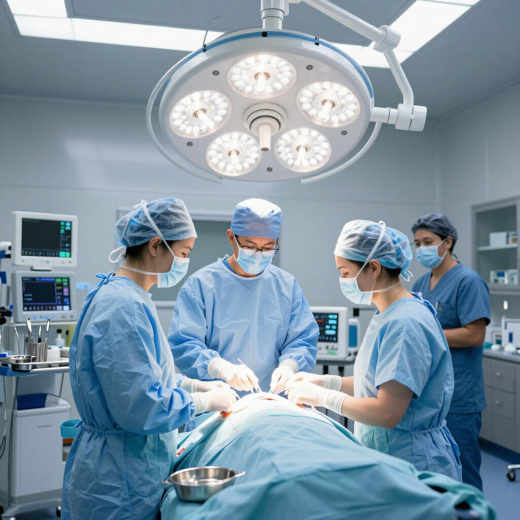 Medical team in scrubs, masks, and caps performs surgery in a bright, modern operating room under a large surgical lamp.