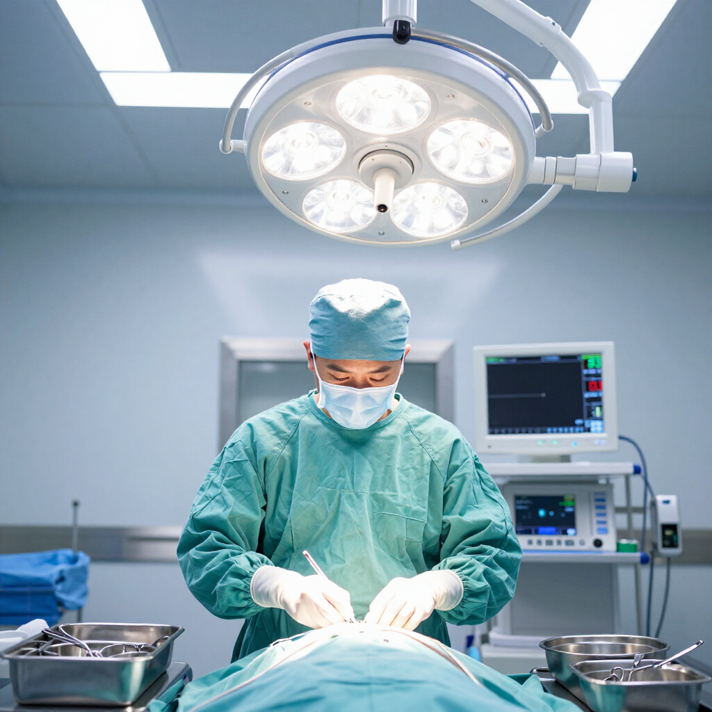 A surgeon in scrubs and a mask performs surgery in a brightly lit operating room with medical equipment in the background.