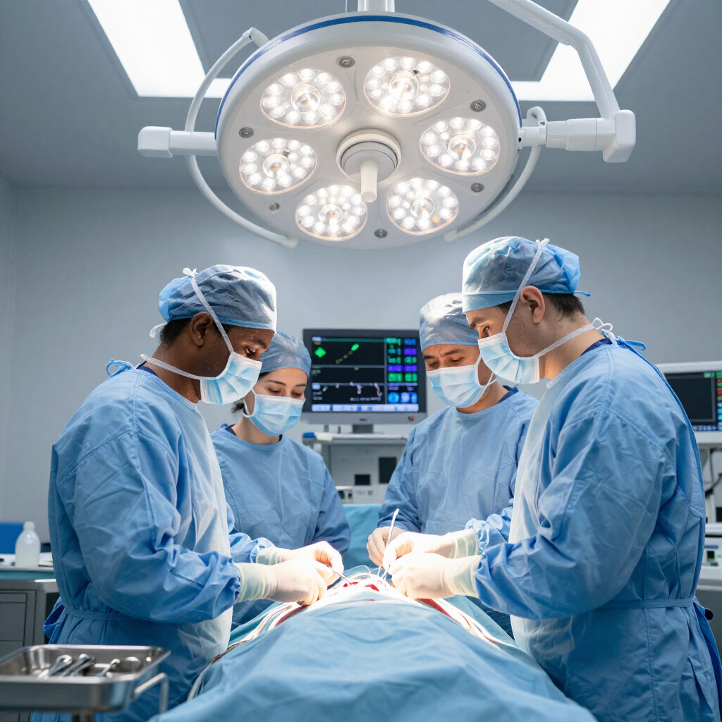 Four surgeons in blue scrubs, masks, and caps perform a procedure in a brightly lit operating room under surgical lamps.